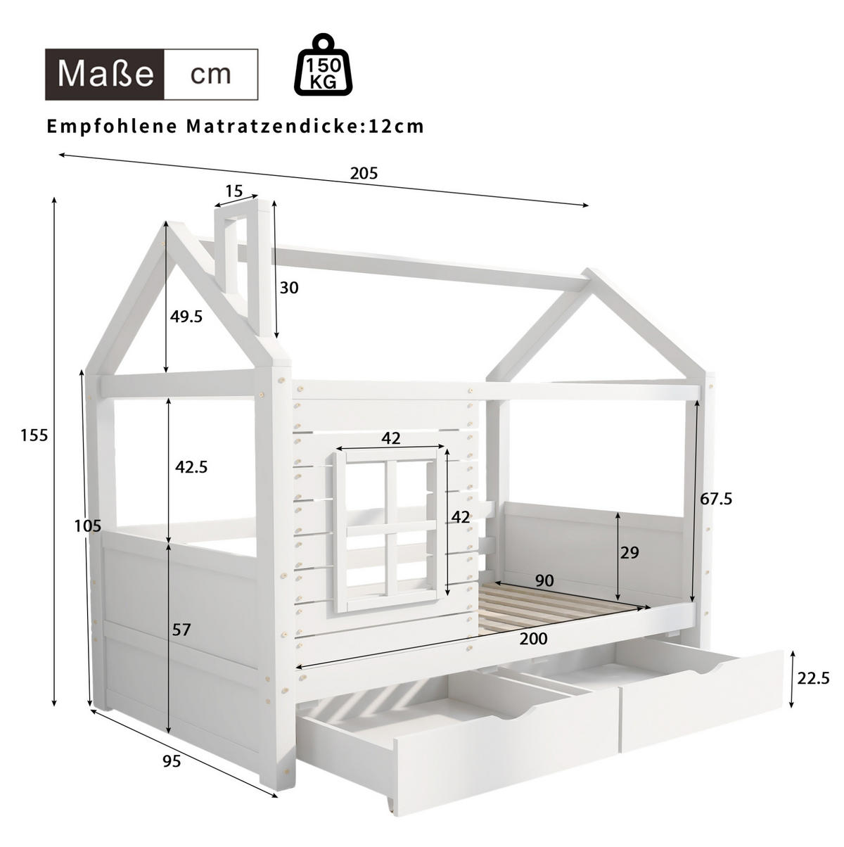KINDERBETT 90/200 cm weiß aus Kiefer mit Fenster und Schubladen - Weiß, Holzwerkstoff (90/200cm) - OKWISH