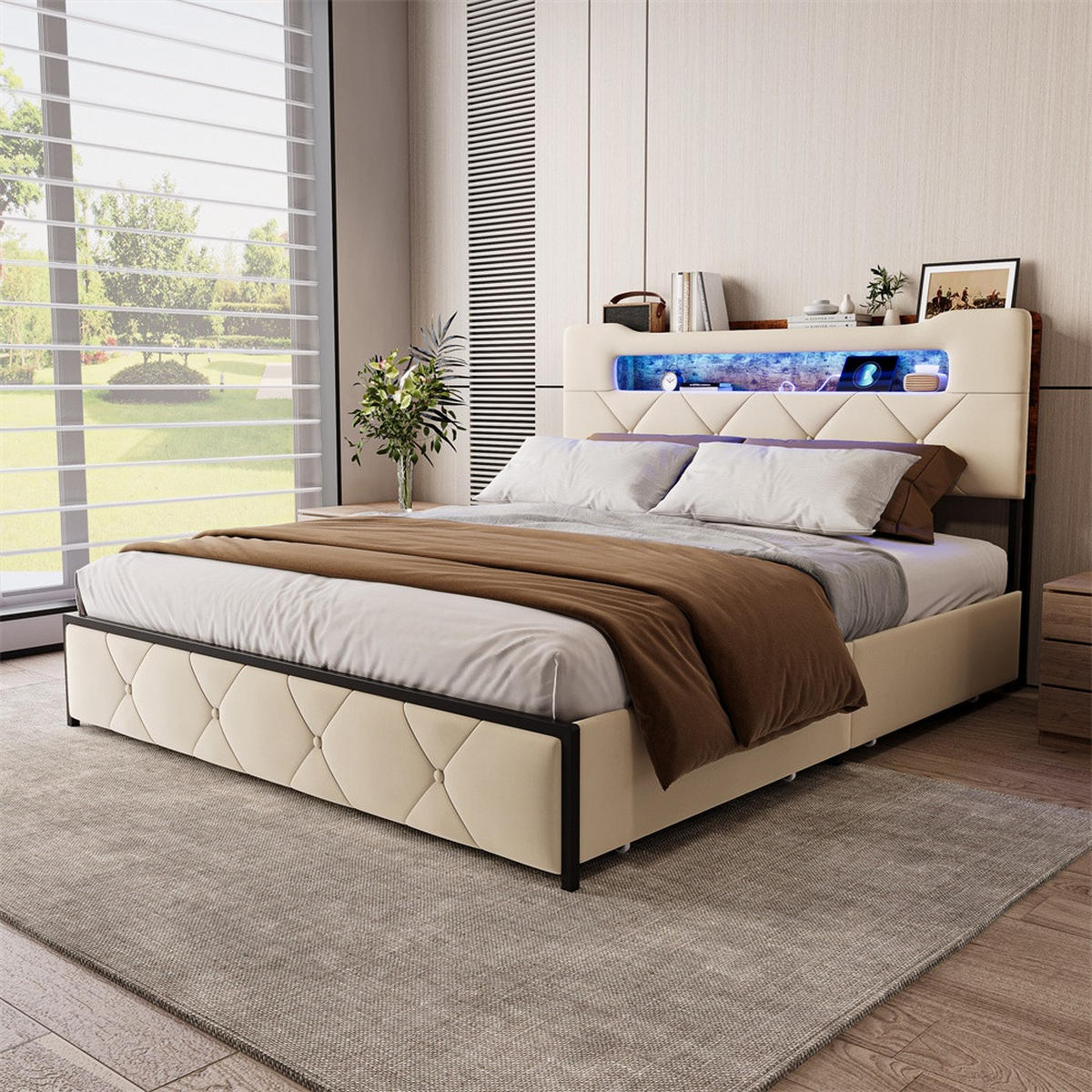 POLSTERBETT 140x200 cm - Doppelbett mit Stauraumkopfteil - 4 Schubladen und LED-Beleuchtung - ohne Matratze - Beige - Beige, Textil (140/200cm) - DELFA