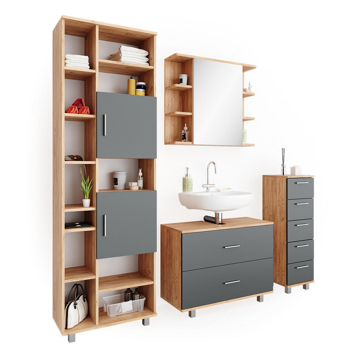 BADMÖBEL-SET Ilias Anthrazit/Goldkraft Eiche 4 Teile, mit Hochschrank - Anthrazit/Eiche Wotan, Holzwerkstoff (80.2/60.8/33cm) - Vicco
