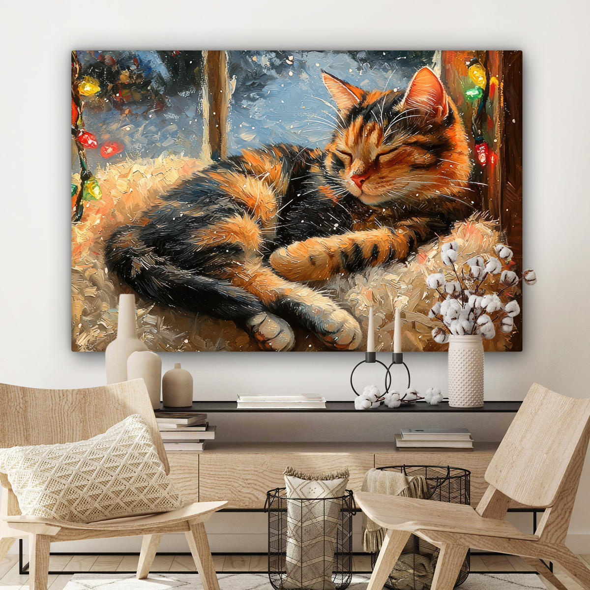 LEINWANDBILD Katze - Weihnachten - Winter - Tier Wohnzimmer Groß 120x80 cm - Bernsteinfarben, Textil (120/80cm) - MuchoWow