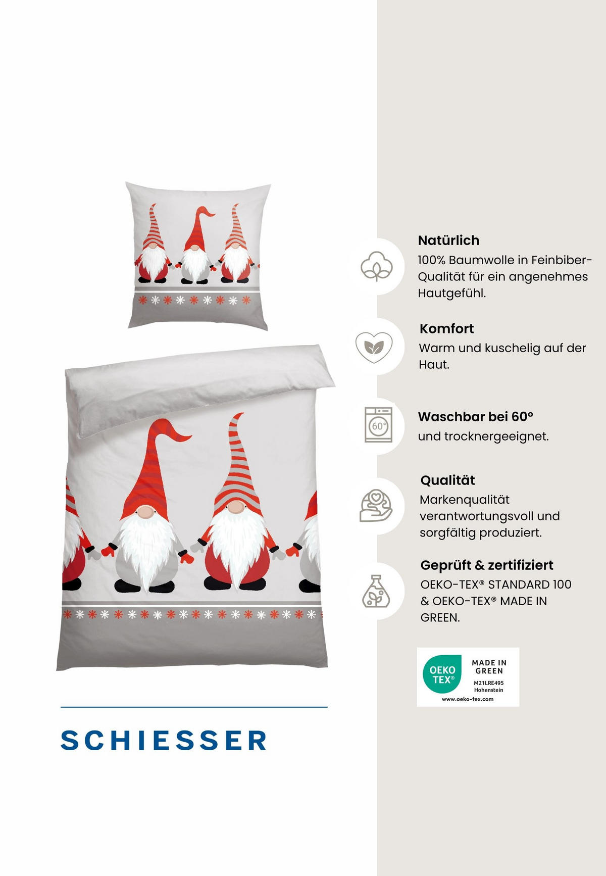 BETTWÄSCHESET Balduin - Feinbiber - 2-teilig - 135 x 200 cm - Grau - Grau, Textil (135/200cm) - SCHIESSER