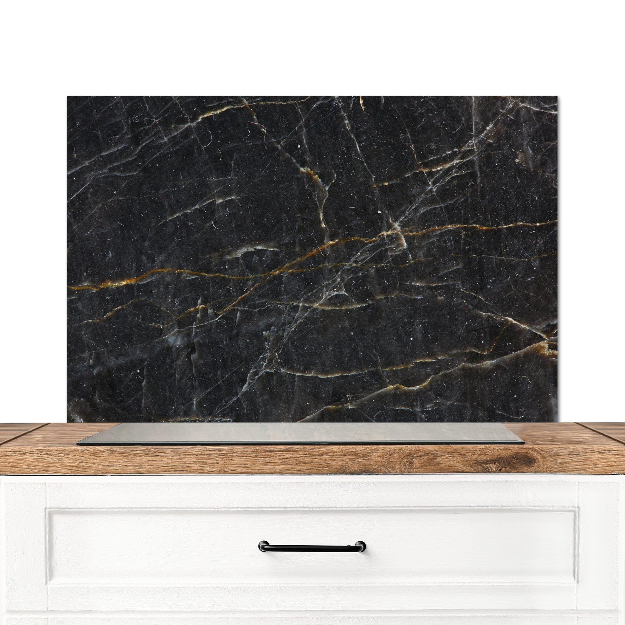SPRITZSCHUTZ KÜCHE Marmor - Schwarz - Gold - Grau - Marmorstruktur 90x60 cm - Goldfarben, Metall (90/0.3/60cm) - MuchoWow