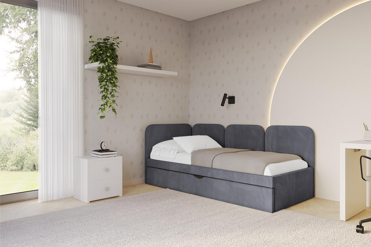 EINZELLBETT Jugendbett mit Bettkasten, Rechts - ALVY 80x200 Dunkelgrau - Dunkelgrau, Holzwerkstoff/Textil (80/200cm) - ALTDECOR