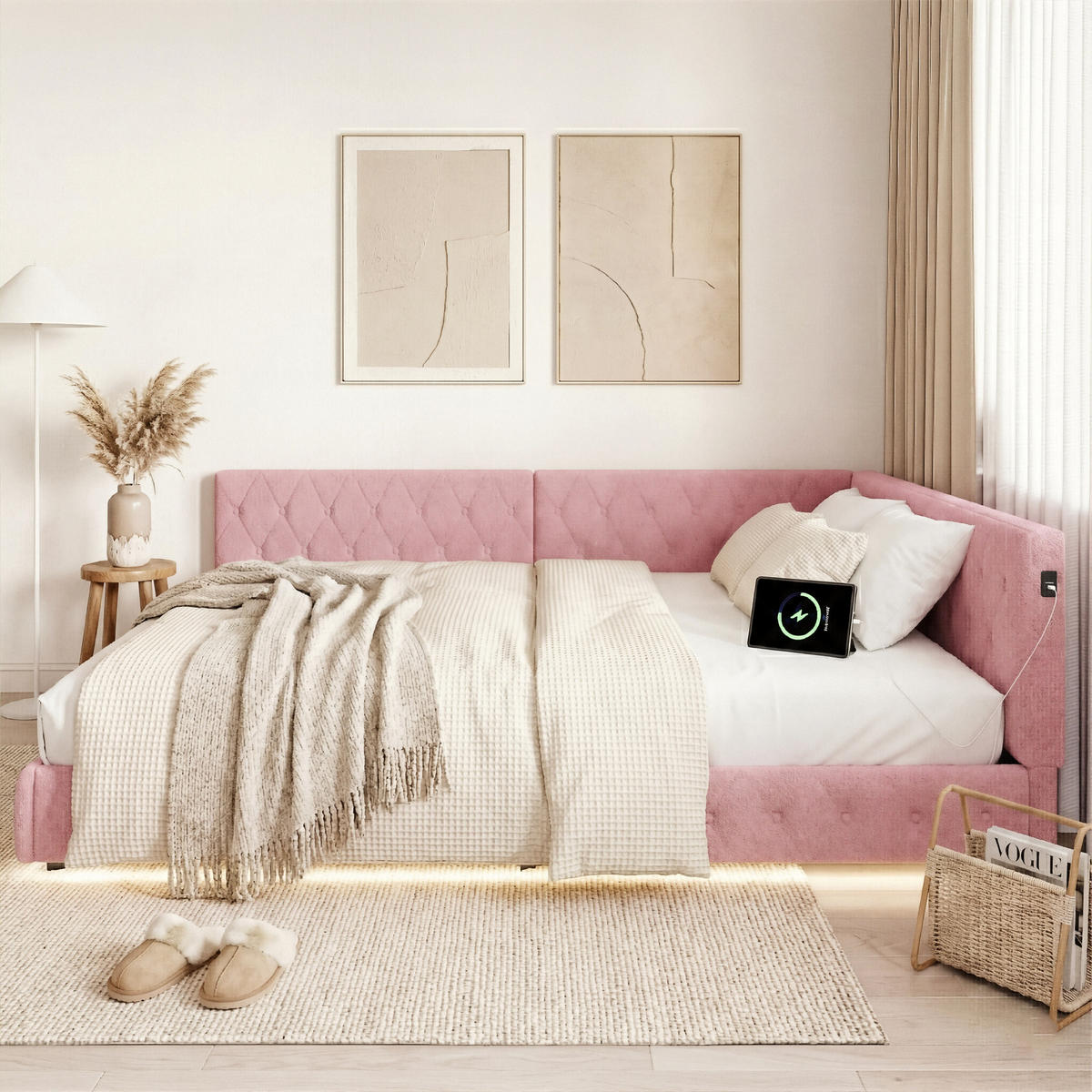 POLSTERBETT Modern 140/200 cm mit L-Eckpolsterung & LED Teddy-Plüsch Pink - Pink, Textil (140/200cm) - Creahappy