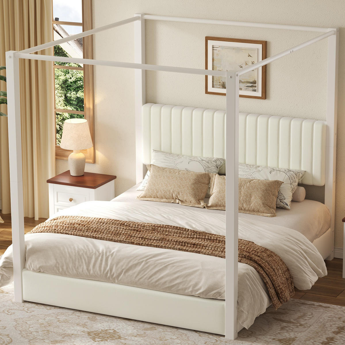 POLSTERBETT 180/200 cm in Beige & Weiß mit Himmelbettgestell, Kopfteil und Metallrahmen Samt Design - Beige/Weiß, Holzwerkstoff/Textil (180/200cm) - STILVORA
