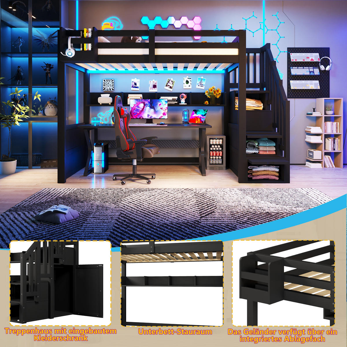 HOCHBETT 90/200 cm in Schwarz mit Stauraum, LED und Treppe - Schwarz, Metall (90/200cm) - STILVORA