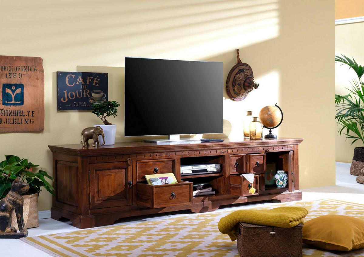 TV-BOARD Akazie 220x50x55 nougat lackiert OXFORD #341 - Dunkelbraun, Holz (220/55/50cm) - Massivmoebel24