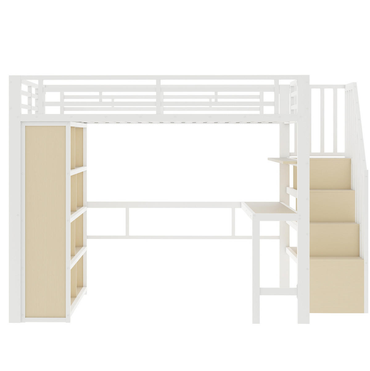 HOCHBETT aus Metall und MDF 140x200 cm Weiß mit Schreibtisch, Stauraumtreppe, Regalen und LED-Lichtleiste - Weiß, Metall (140/200cm) - Modfu