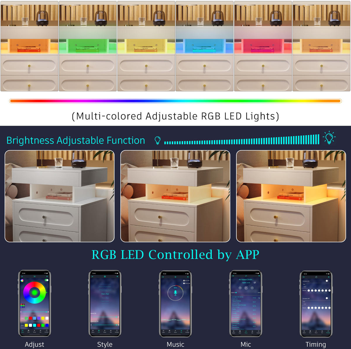NACHTTISCH aus Spanplatte 100x40x60 cm Weiß mit LED-Beleuchtung und Schublade - Weiß, Holzwerkstoff (100/60/40cm) - Modfu