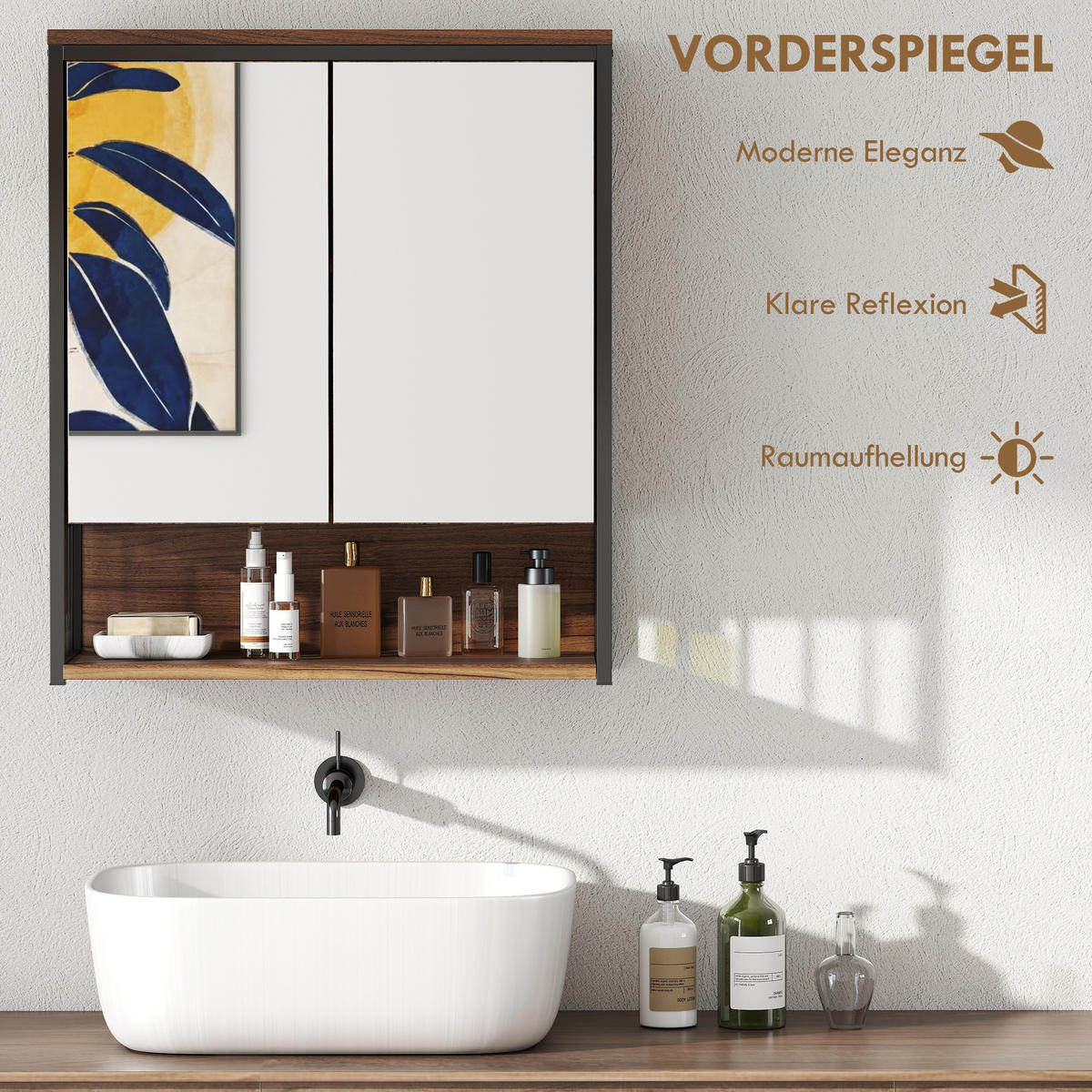SPIEGELSCHRANK Bad, Badezimmerschrank mit sanft schließender Tür, Fächern, Braun - Braun, Holzwerkstoff (20/65/56cm) - HOMCOM