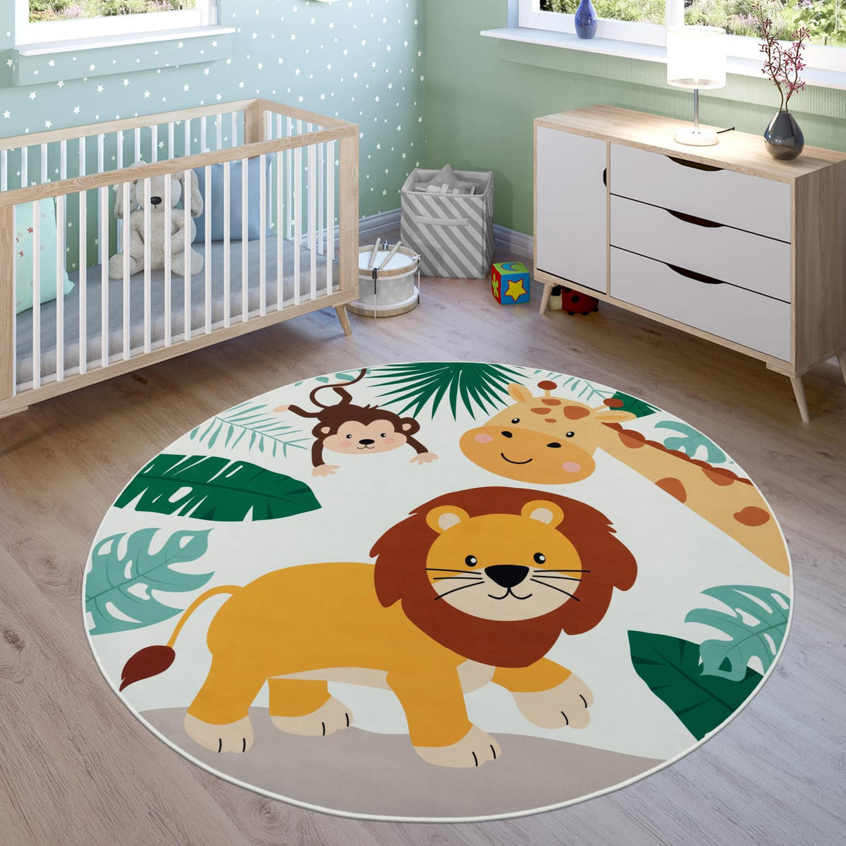 KINDERTEPPICH Waschbar, mit Dschungeltiere‑Muster, Beige, Ø 160 cm - Beige, Textil (160/160cm) - KADIMA DESIGN