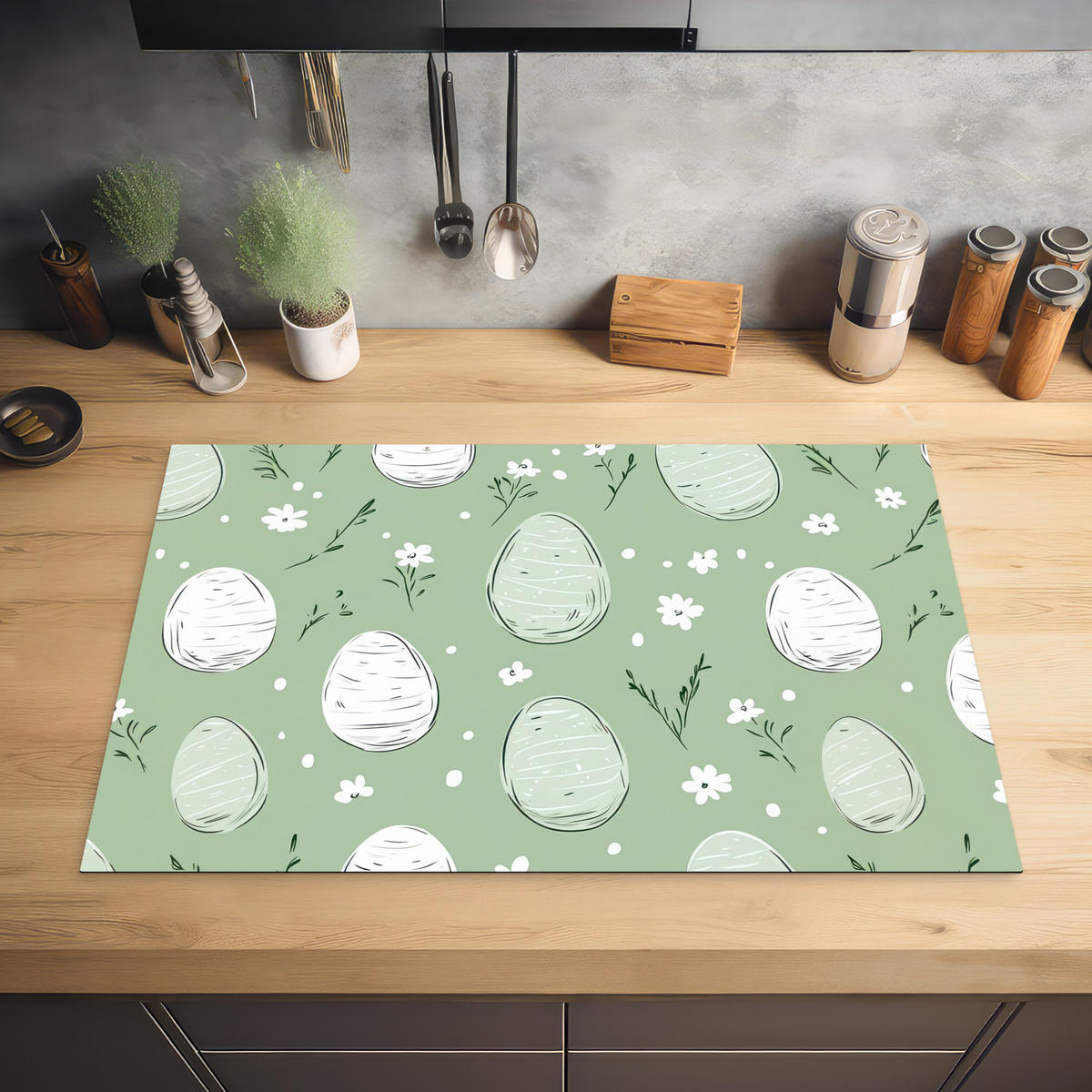 HERDABDECKPLATTE Grün - Eier - Muster Induktionsschutz 81.6x52.7 cm - Waldgrün, Kunststoff (81.6/52.7/0.2cm) - MuchoWow