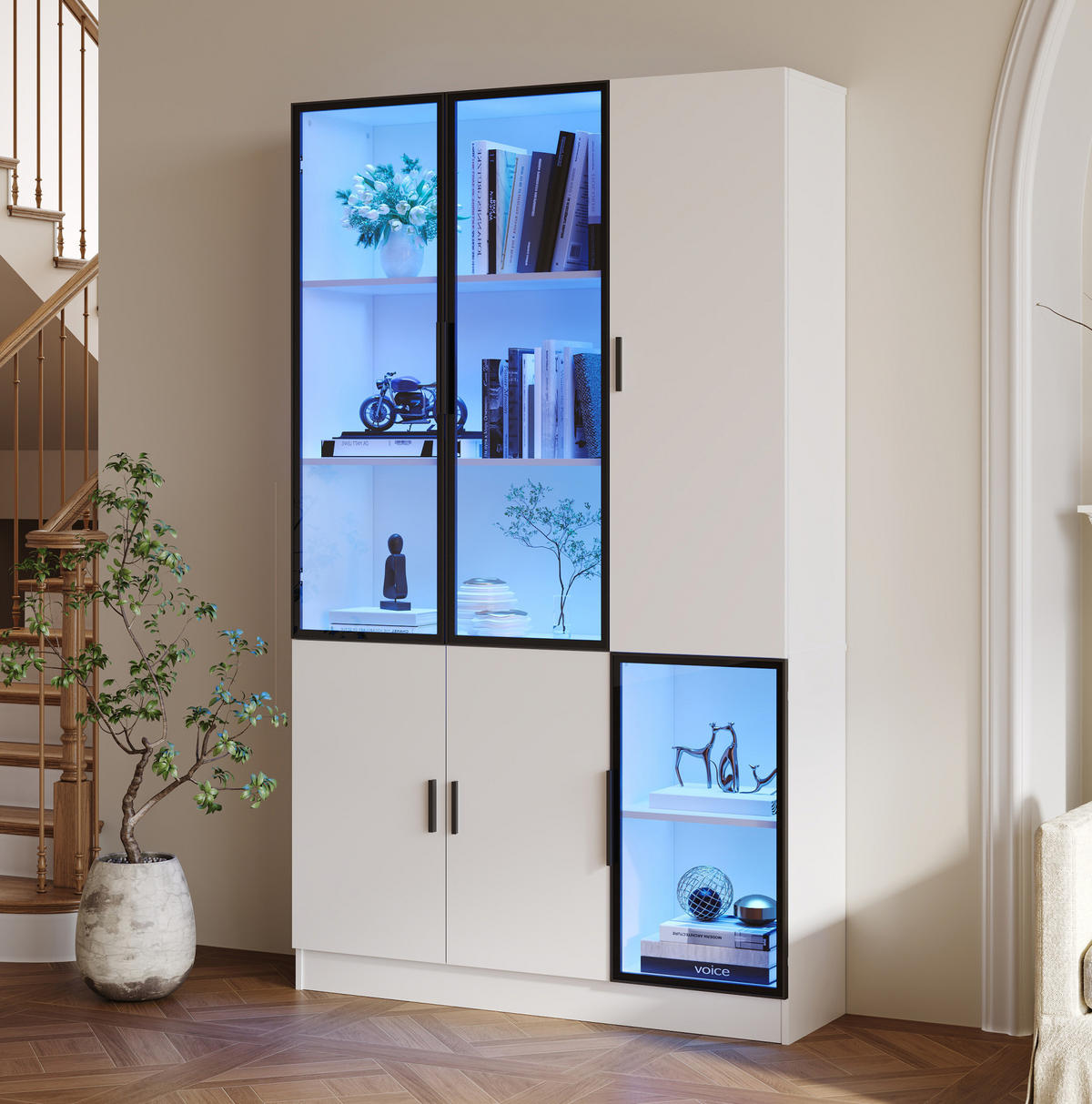 VITRINE 120/35/200 cm aus Holzwerkstoff mit Glas und LED-Beleuchtung Weiß - Weiß, Holzwerkstoff (120/200/35cm) - Modenvie