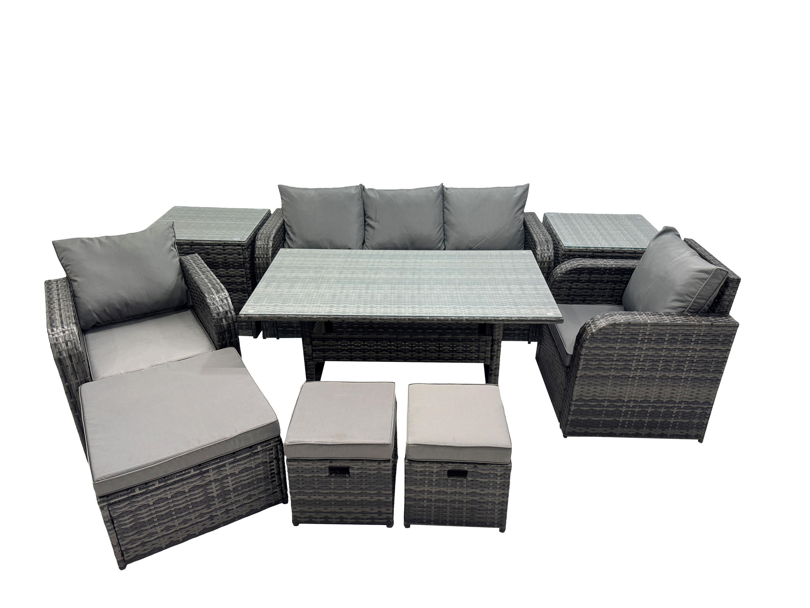 GARTENSET mit 3-Sitzer-Sofa,Beistelltischen,Esstisch Polyrattan 8-Sitzer - Dunkelgrau/Grau, Glas/Kunststoff - Fimous