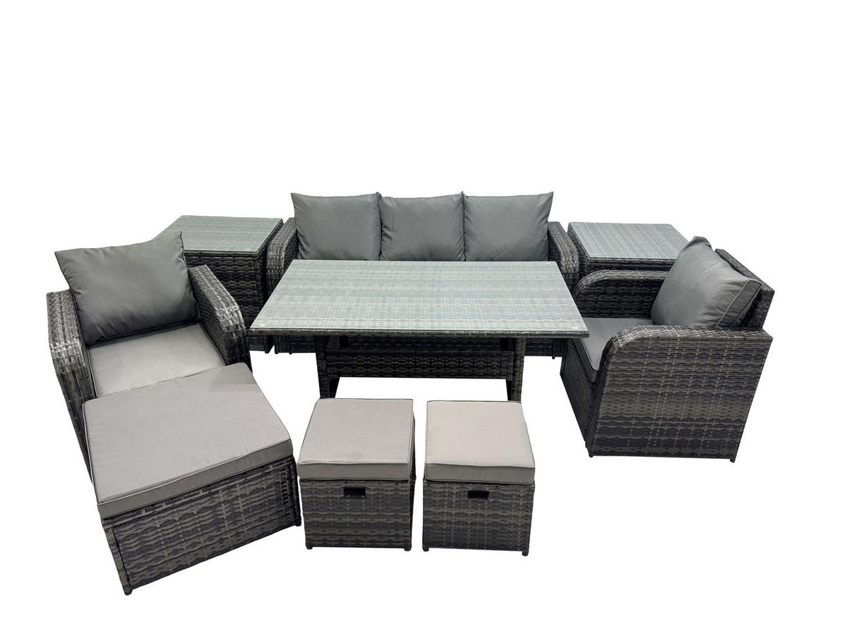GARTENSET mit 3-Sitzer-Sofa,Beistelltischen,Esstisch Polyrattan 8-Sitzer - Dunkelgrau/Grau, Glas/Kunststoff - Fimous
