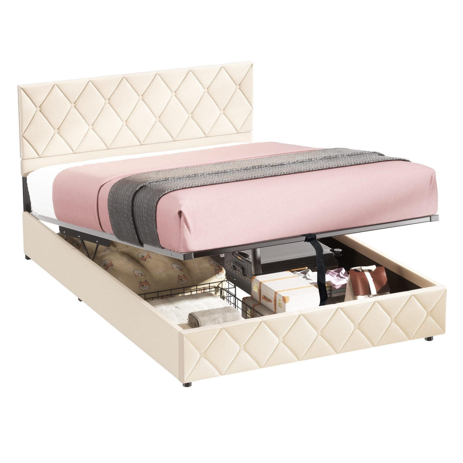 POLSTERBETT 160/200 cm Beige mit hydraulischem Stauraum aus Samt - Beige, Holzwerkstoff (160/200cm) - OKWISH