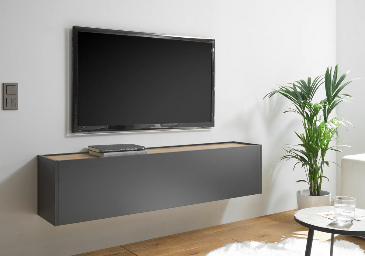 TV-LOWBOARD hängend grau matt, Eiche Wotan 150 cm, TV-Unterteil Hängeschrank - Eiche Wotan/Grau, Holzwerkstoff/Metall (150/35/30cm) - Furn.Design