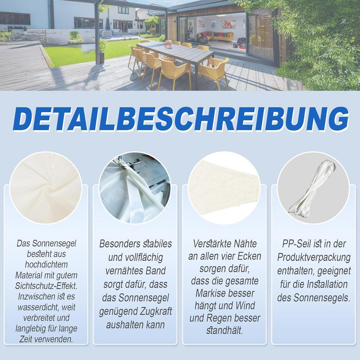 SONNENSEGEL Rechteckig 2 x 4 m Creme Wasserdicht UV-Schutz 95% - Creme, Textil (200/400cm)