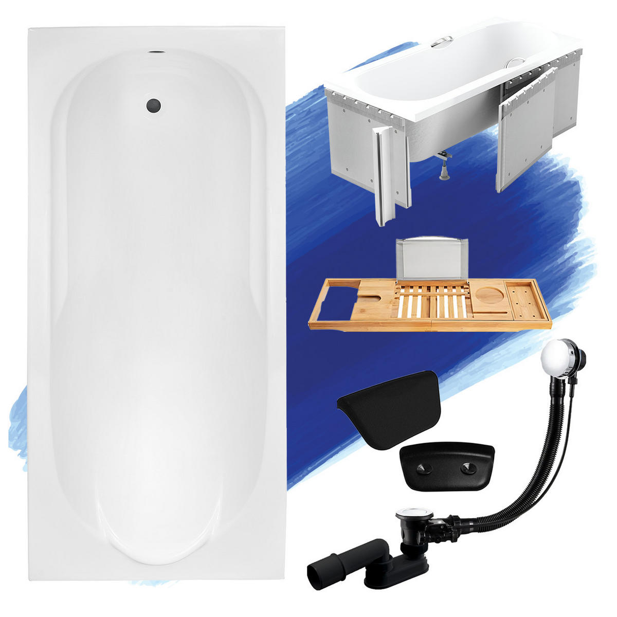 BADEWANNE Rechteck BONA 170/70 + Styro + Ablage + Kopfstütze Ablauf Füße - Weiß, Kunststoff (70/58.5/170cm) - bad land