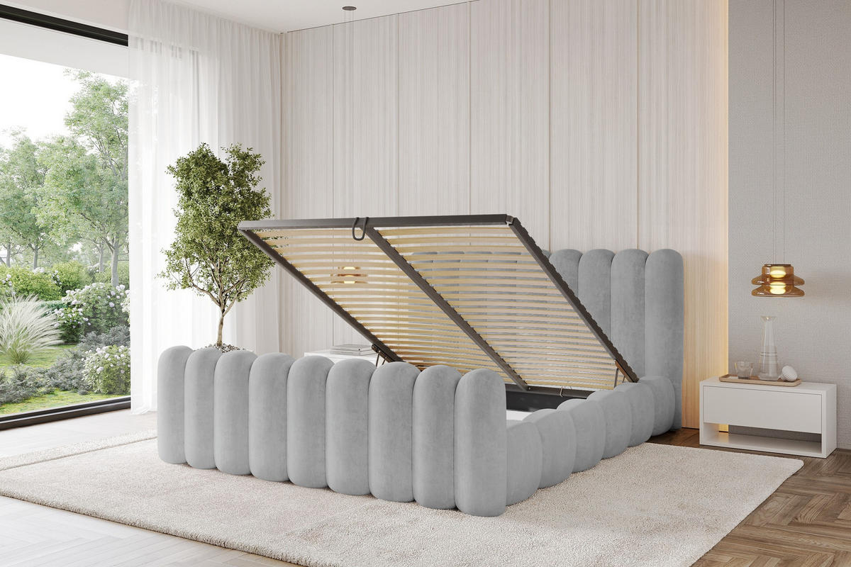 POLSTERBETT mit Bettkasten, Fußteil und Lattenrost, Boxbett ohne Matratze - SENA-Z 160x200 Grau - Hellgrau, Holzwerkstoff/Textil (160/200cm) - ALTDECOR