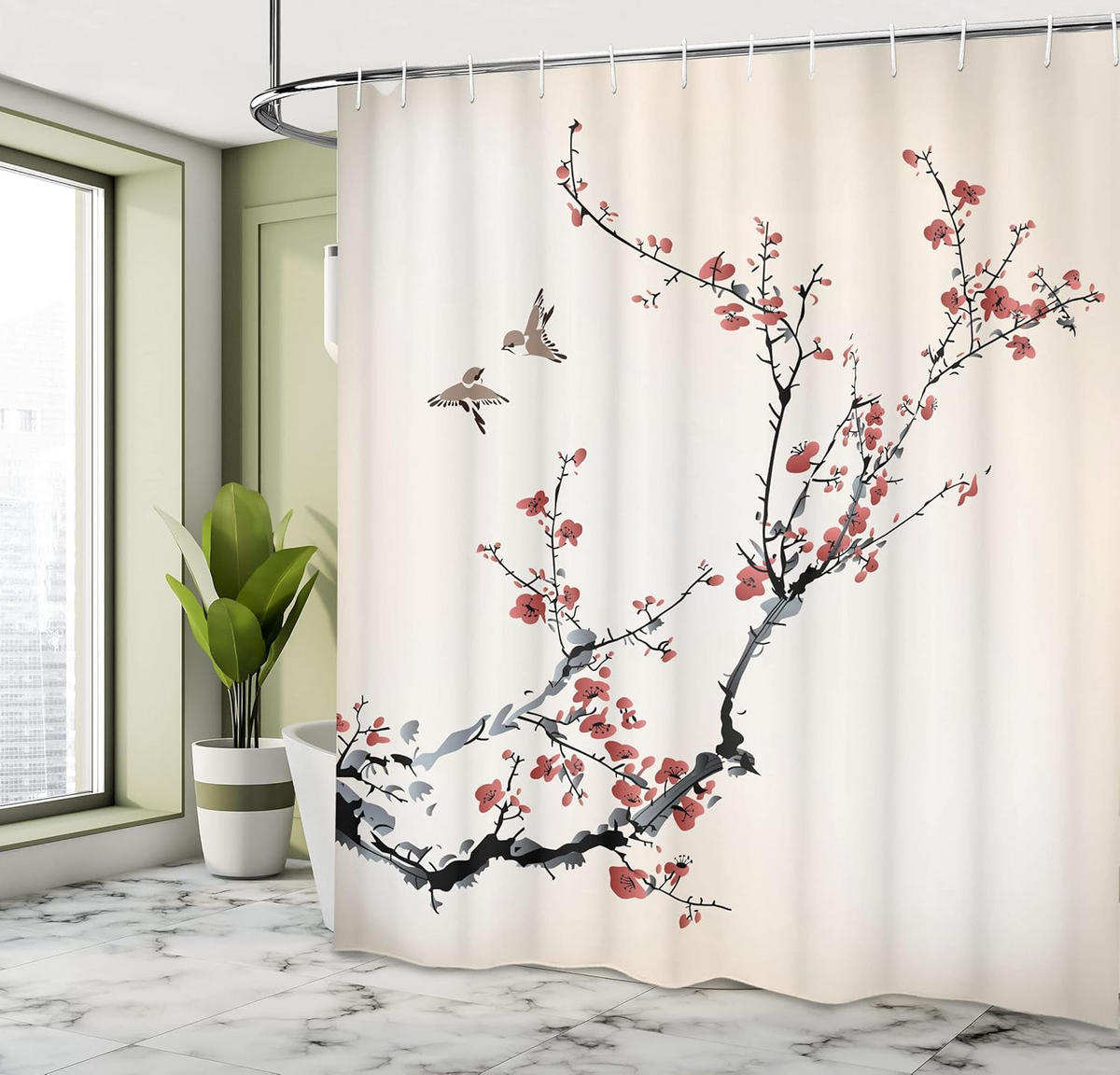 DUSCHVORHANG Vögel Stil Kunst Stoff Set Dekor Badezimmer mit Haken Schwarz Burgund - Multicolor, Textil (180/180cm) - MCBOSON