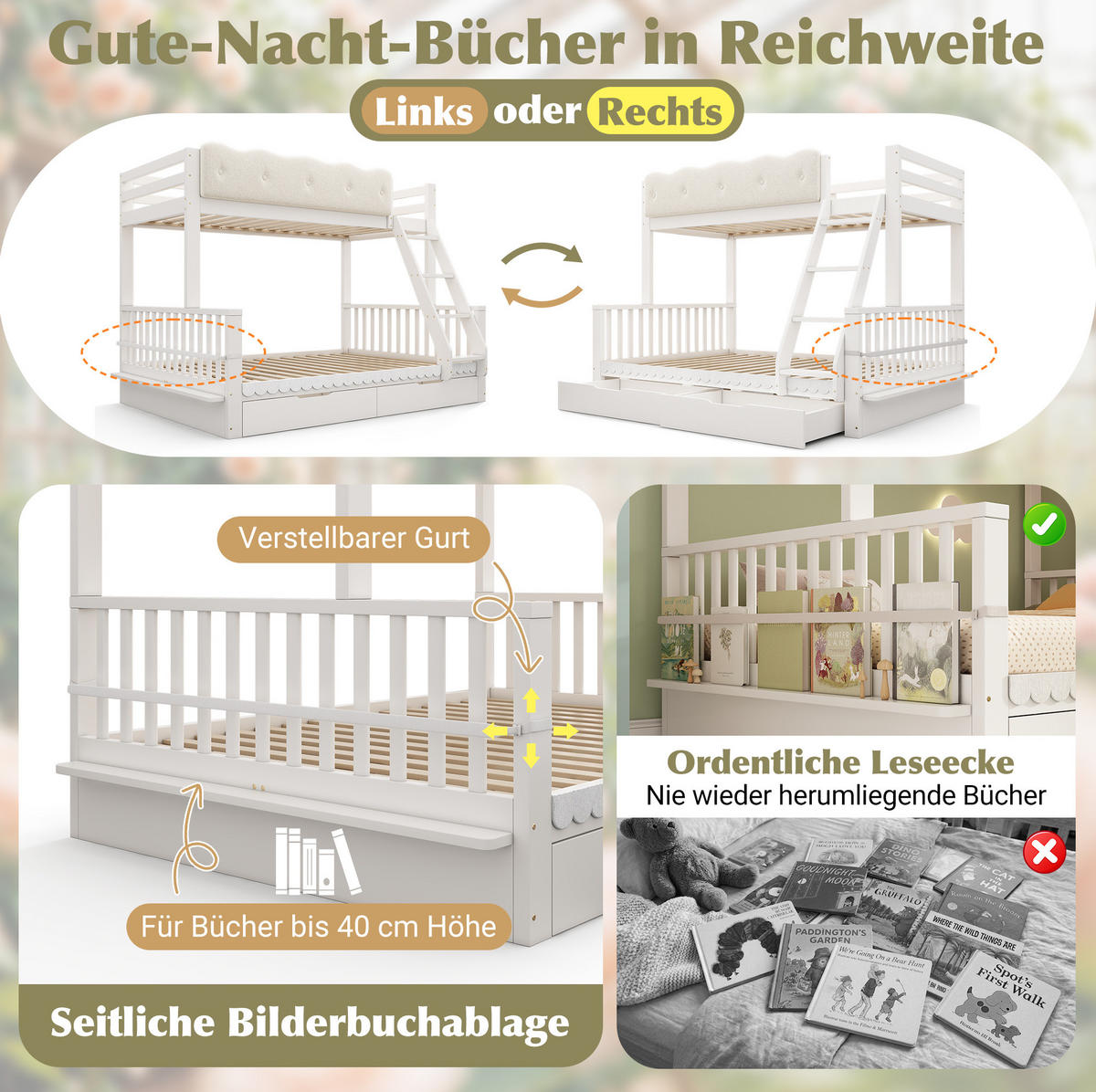 ETAGENBETT aus Kiefernholz 140x200 cm Weiß mit Schubladen, Zeitschriftenständer und Sicherheitsgeländer - Weiß, Holz (140/200cm) - Modfu