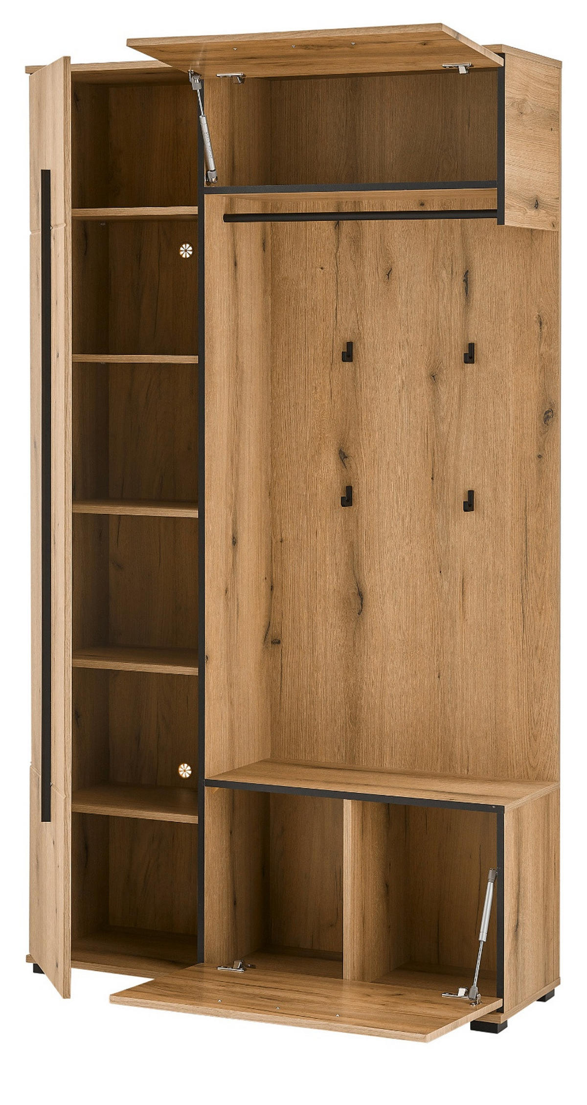 KOMPKATGARDEROBE Evoke Eiche 111 x 200 cm, Garderobe mit Soft-Close - Eichefarben/Schwarz, Holzwerkstoff/Kunststoff (111/200/37cm) - Furn.Design