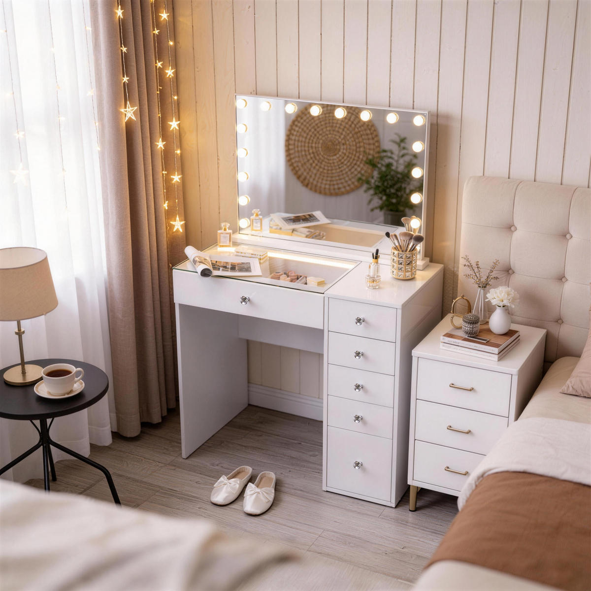 SCHMINKTISCH mit 6 Schubladen 92/55/81 CM und LED Beleuchtung Schminkspiegel 80 x 58 CM - Weiß, Holz (55/81/92cm) - VANITII