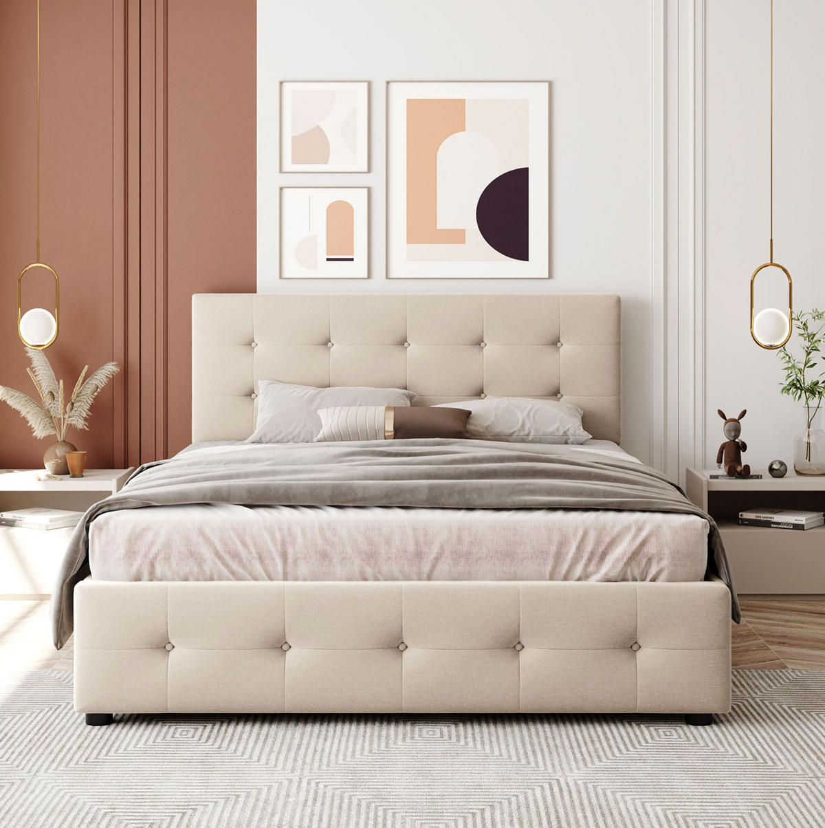 POLSTERBETT aus Samtstoff 140x200 cm Beige mit 4 Schubladen, Lattenrost und gepolstertem Kopfteil - Beige, Textil (140/200cm) - Modfu
