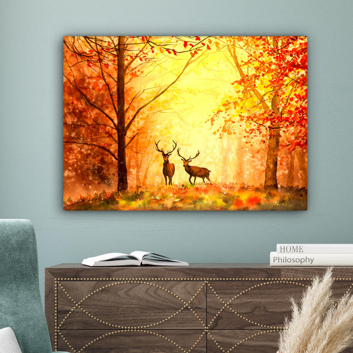 LEINWANDBILD Natur - Ölfarbe - Hirsche - Tiere - Herbst - Orange Wandbilder 80x60 cm - Orange, Textil (80/60cm) - MuchoWow