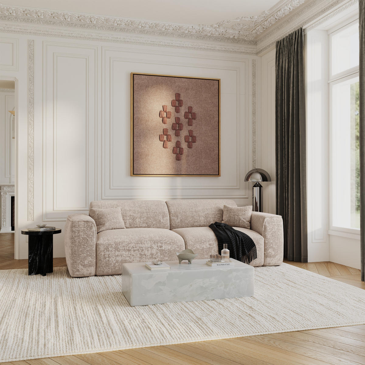 SCHLAFSOFA GERADE Geprägter Samt Beige 240cm - Beige, Textil (240/73/97cm) - Sia Home