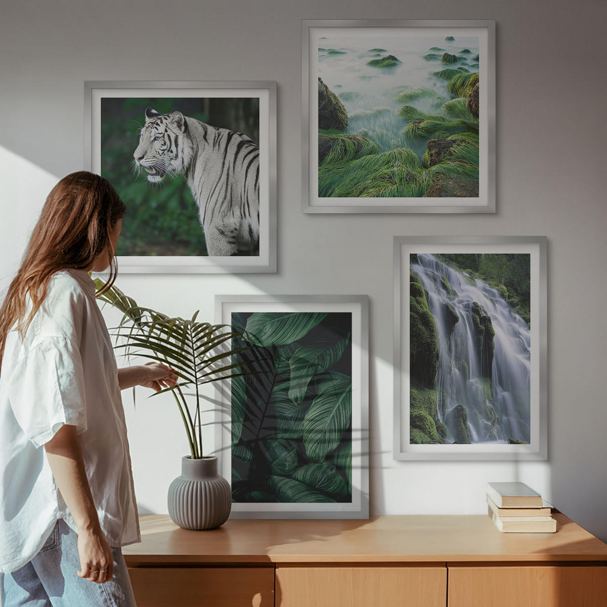 WANDBILDER 4er Set - 50x50 cm & 40x60 cm Silberner Rahmen - Blätter des Weißen Tigerwasserfalls - Silberfarben, Kunststoff (50/50cm) - ArtPrintCave