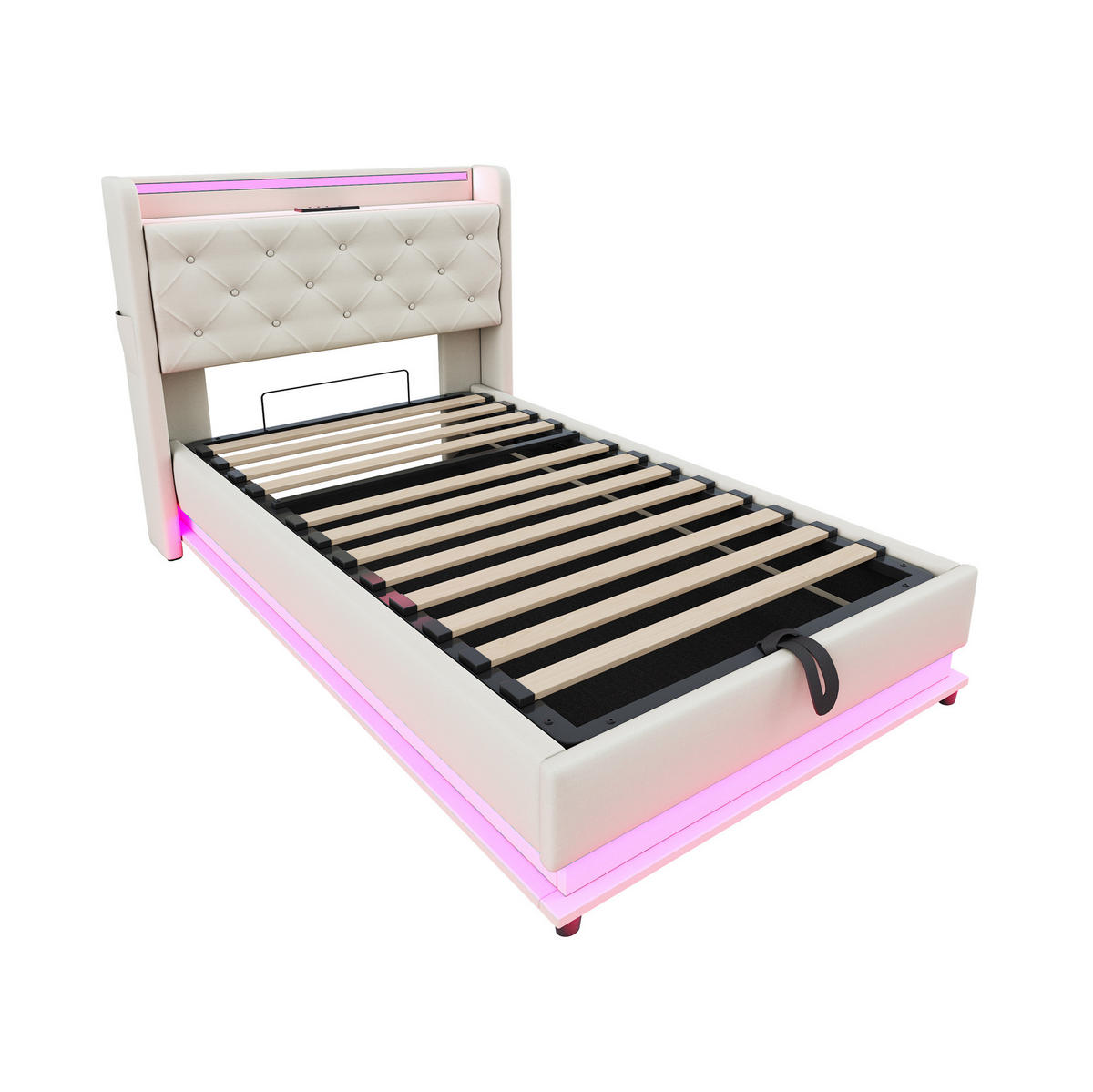 POLSTERBETT mit Stauraum, LED und USB 90x200 cm Beige - Beige, Metall (90/200cm) - Beauniv