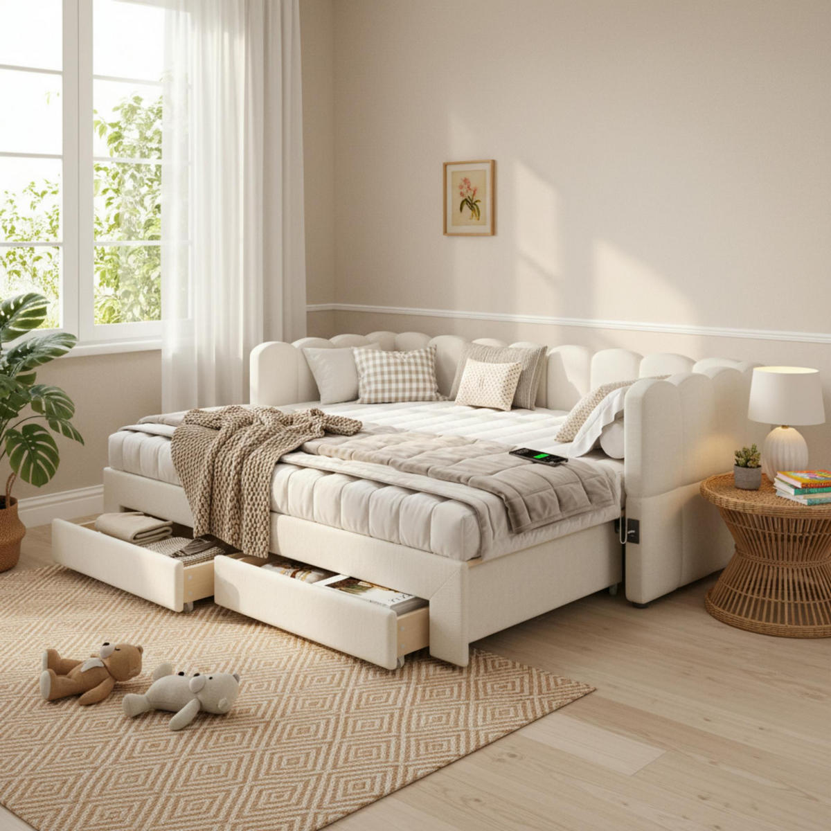 SCHLAFSOFA 90/190 cm in Beige Leinen mit 2 Schubladen, USB und Type-C - Beige, Holzwerkstoff/Textil (90/190cm) - WISHDOR