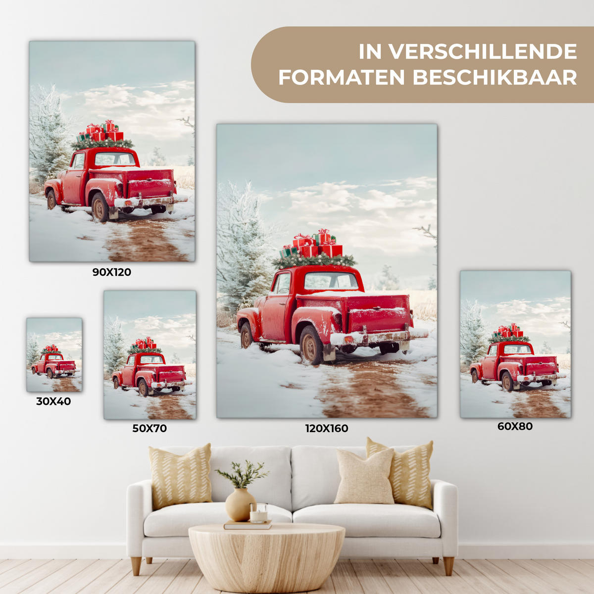 LEINWANDBILD Auto - Rot - Geschenke - Winter - Schnee - Weihnachten Wandbild Wohnzimmer 60x80 cm - Rot, Textil (60/80cm) - MuchoWow