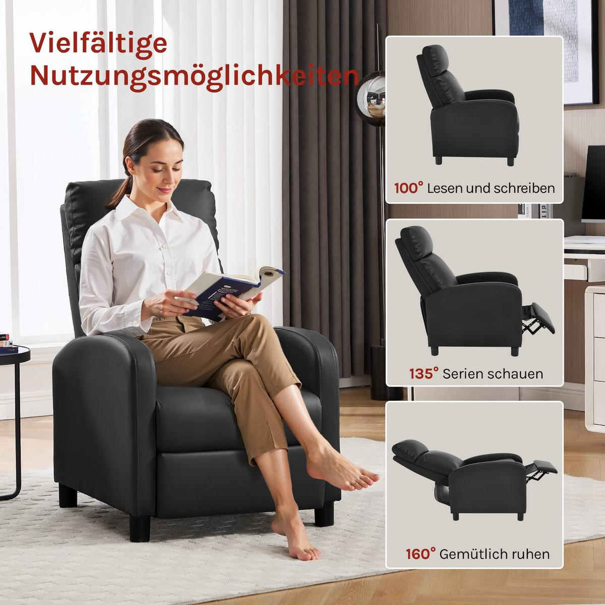 RELAXSESSEL mit Liegefunktion, Kunstleder, Schwarz - Schwarz, Kunststoff/Textil (65.5/102/89cm) - Woltu