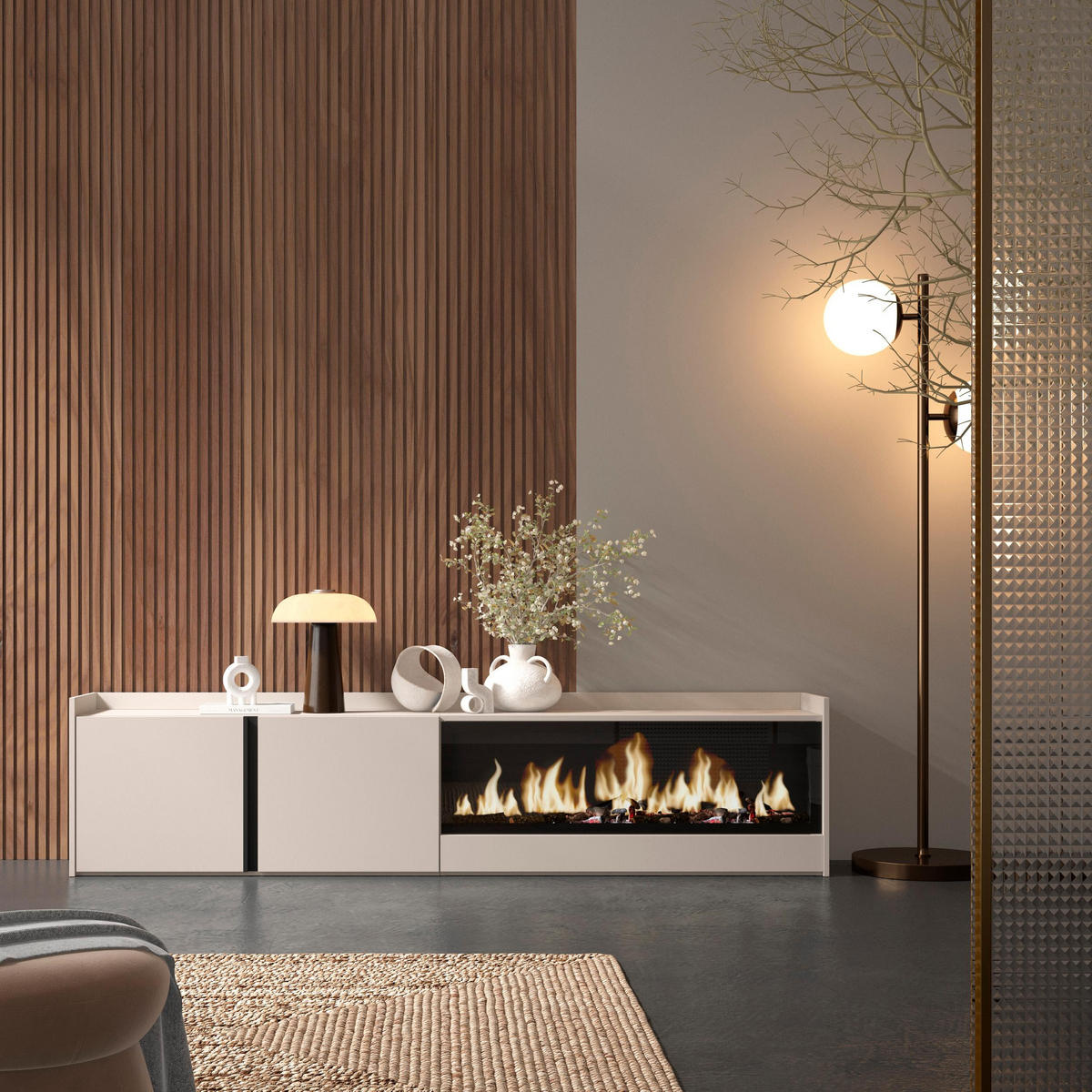 LOWBOARD, Beige, 212/35/50cm, Kamin mit Feuereffekt XXL - Beige, Holzwerkstoff (212/50/35cm) - Skraut Home