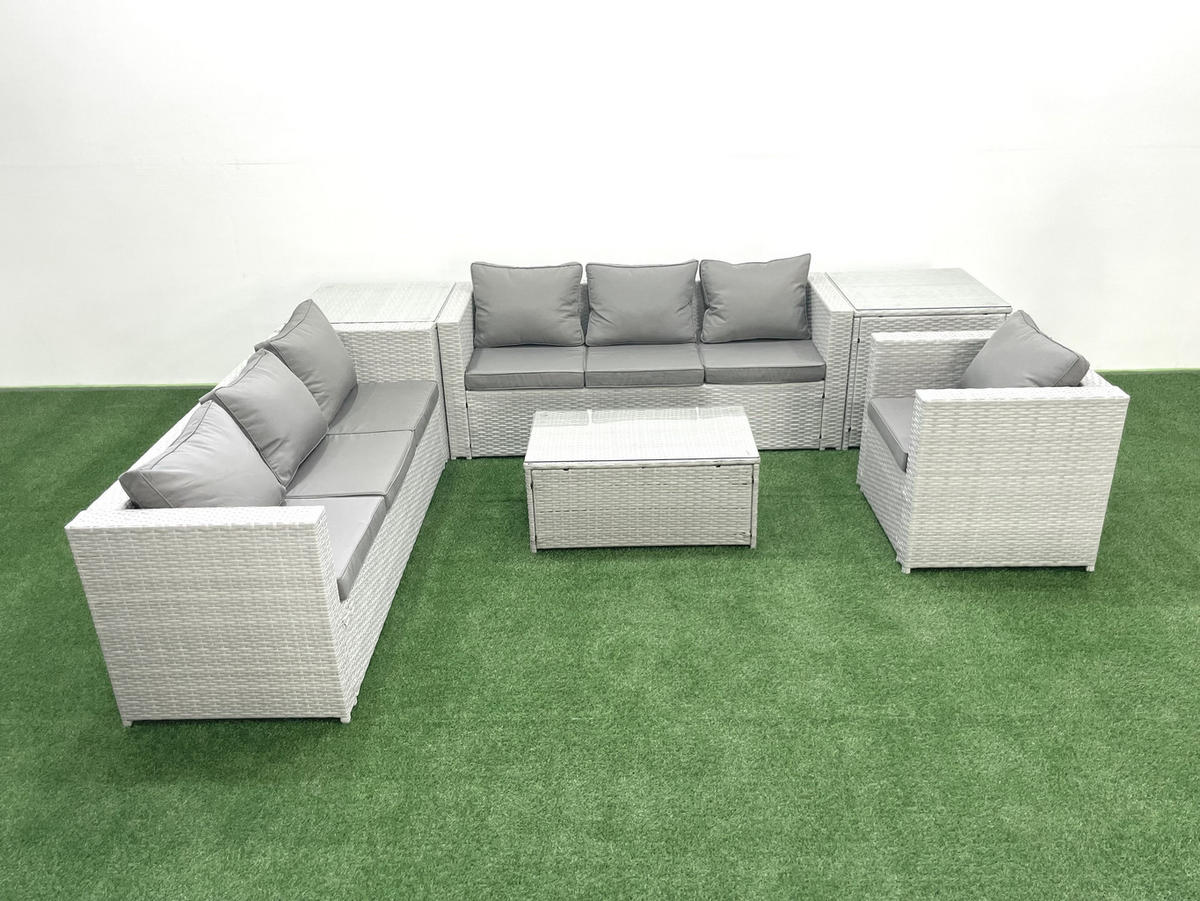 GARTENGARNITUR mit 3-SITZER SOFA,COUCHTISCH Polyrattan Hellgrau-Mix 7-Sitzer - Hellgrau/Grau, Glas/Kunststoff - Fimous