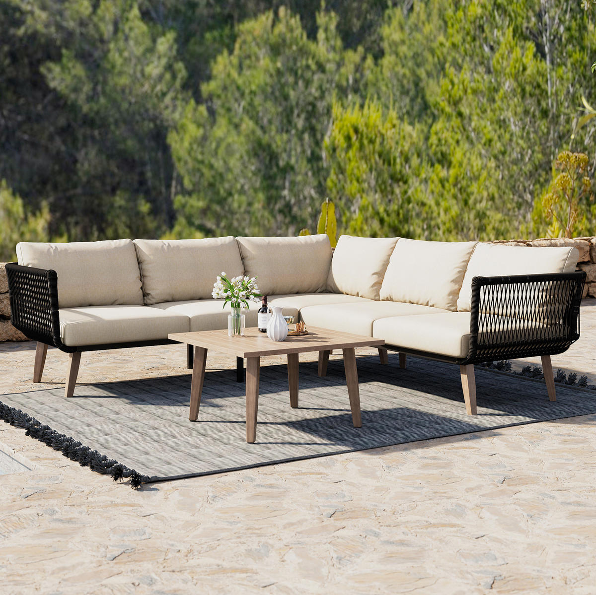 GARTENMÖBEL-SET mit Sofa und Couchtisch, Seilgeflecht und Tischplatte in Holzoptik, Beige/Schwarz - Beige, Metall - Redom