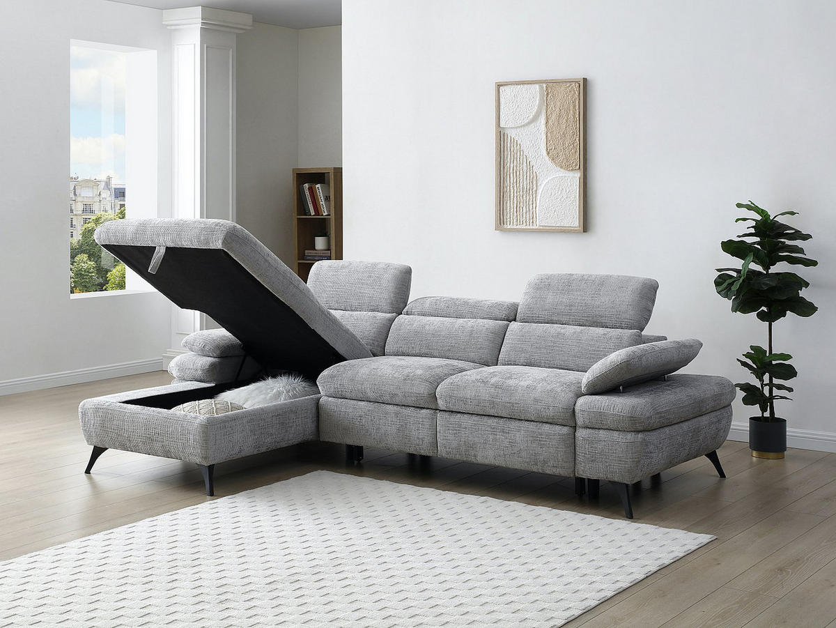 ECKSOFA mit Schlaffunktion mit Bettkasten - Ecke links - Strukturstoff - Grau - MORAVA - Grau, Textil (284/176cm) - Vente-Unique