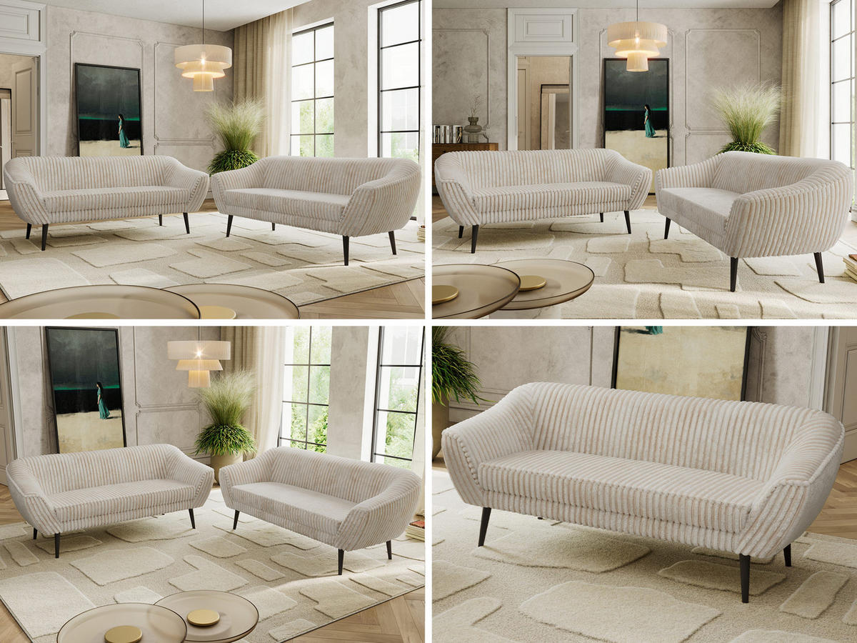 SITZGARNITUR PIRS 3+3 - Beige Cord - Schwarze Beine - Beige/Creme, Holzwerkstoff/Textil (180/75/74cm) - MKS