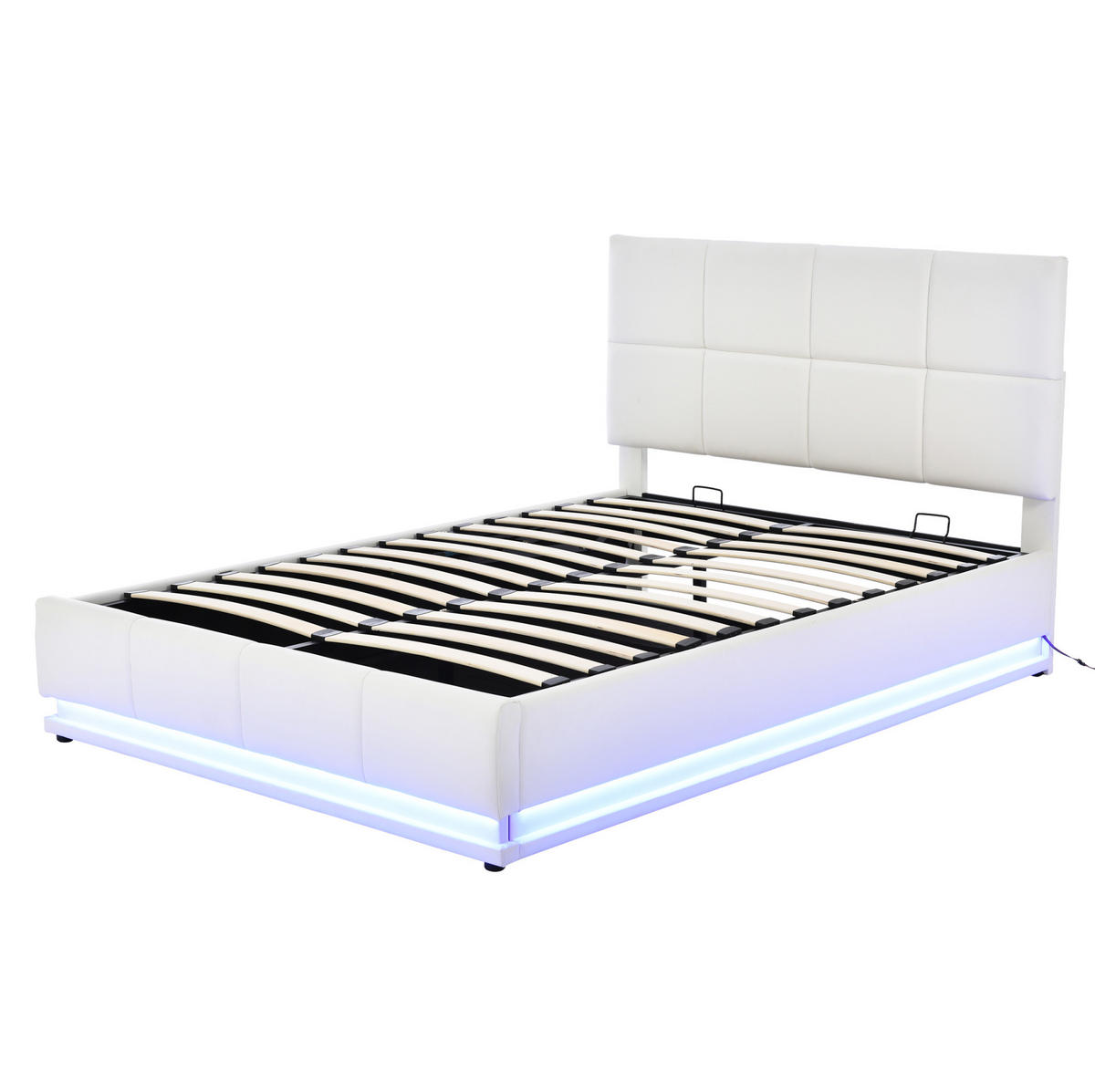 POLSTERBETT 140/200 cm Weiß mit LED-Beleuchtung und hydraulischem Bettkasten - Weiß, Textil (140/200cm) - OKWISH