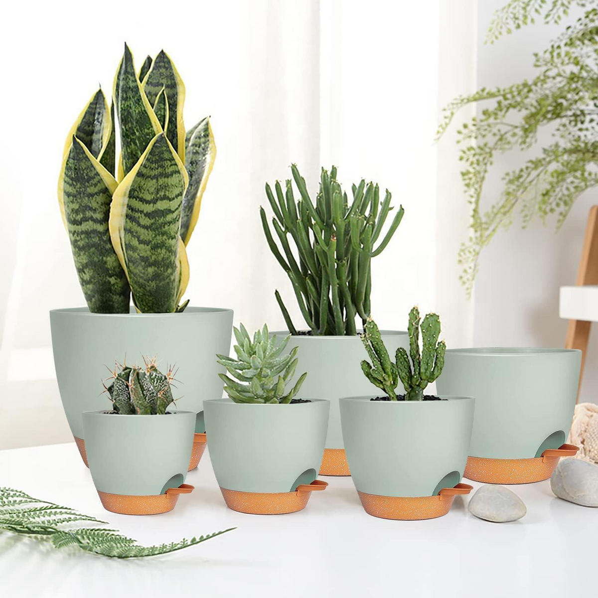 BLUMENTOPF 6er-Set mit Untersetzer Selbstbewässerung Grün 12.5-20.3 cm - Grün, Kunststoff (14/18/20cm)