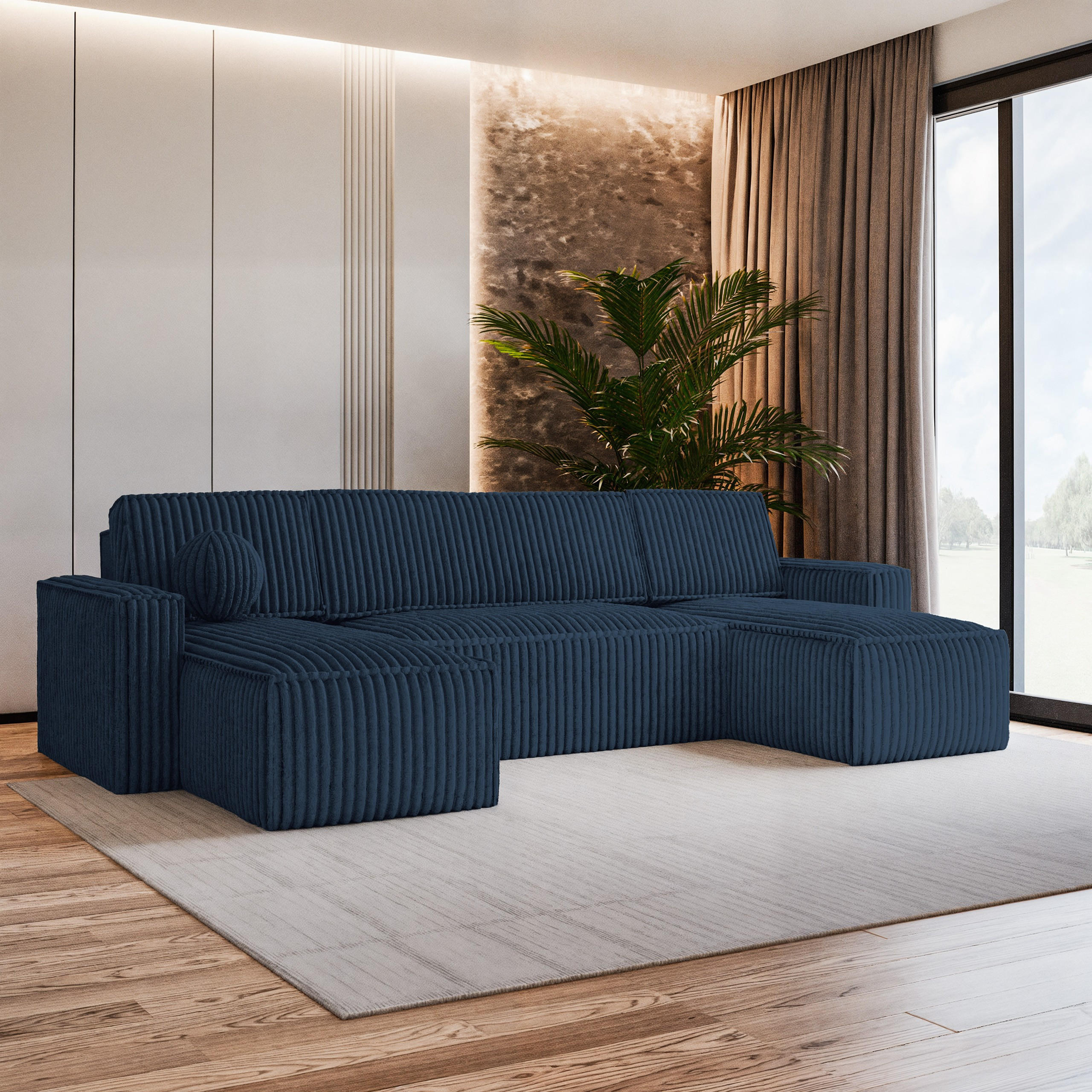 WOHNLANDSCHAFT PESANO T Blau Kordstoff mit Schlaffunktion - Blau, Holz (306/85/140cm) - MASSENO
