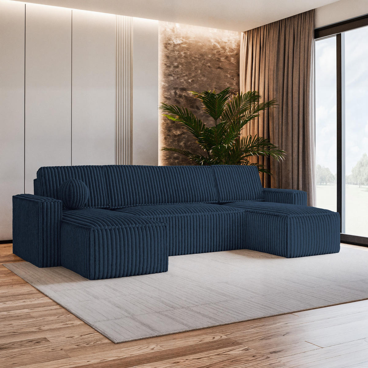 WOHNLANDSCHAFT PESANO T Blau Kordstoff mit Schlaffunktion - Blau, Holz (306/85/140cm) - MASSENO
