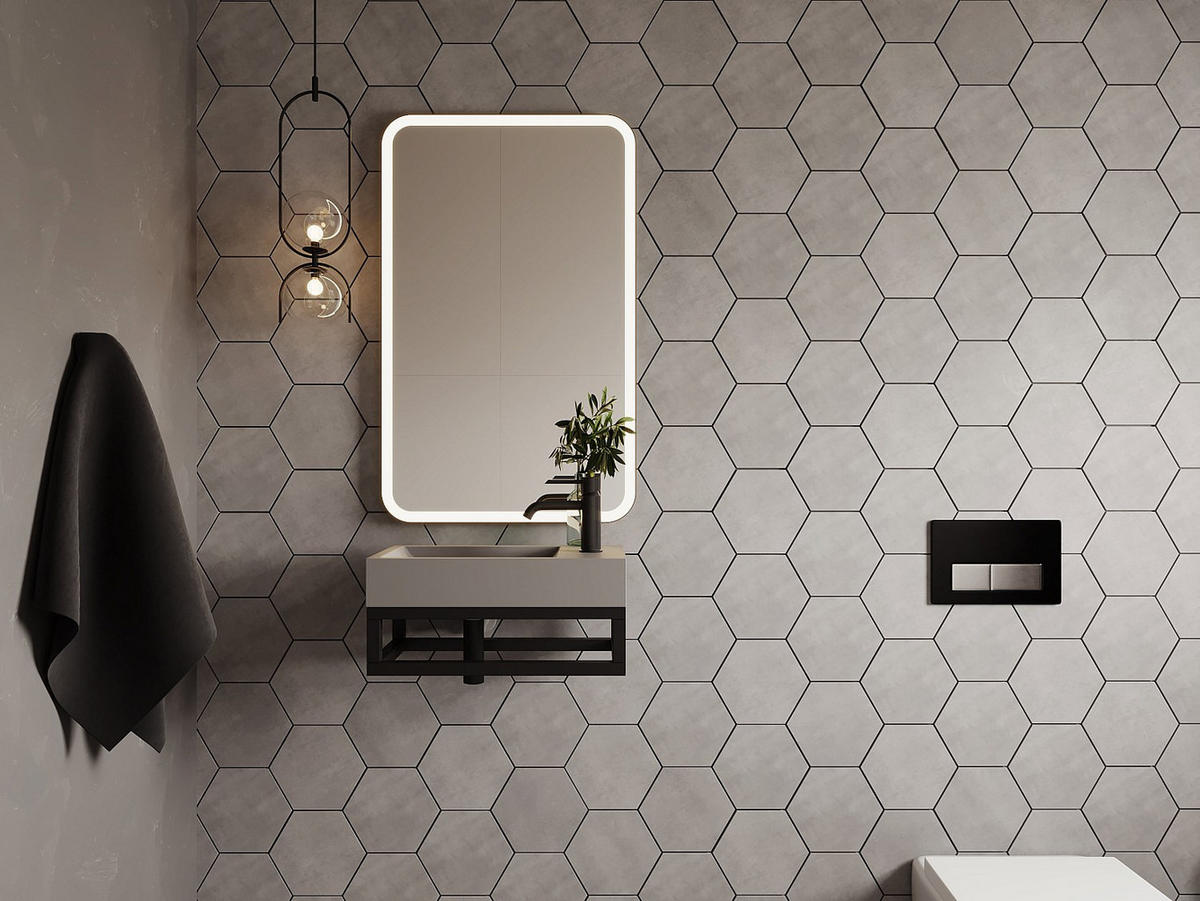 HANDWASCHBECKEN hängend rechteckig aus Beton - Wasserhahn rechts - B 40 x T 22 cm - UCHAMI - Grau, Metall (40/19.5/22cm) - Vente-Unique