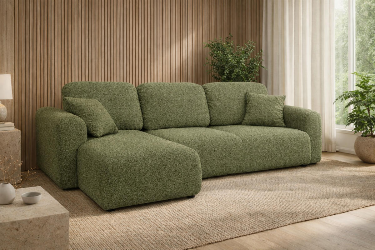 ECKSOFA Mit Schlaffunktion Und Bettkasten, Sofa L-Form Bingo L, Chenille-Stoff Artico, Moss, Links - Grün, Holz (250/142cm) - Kaiser Möbel