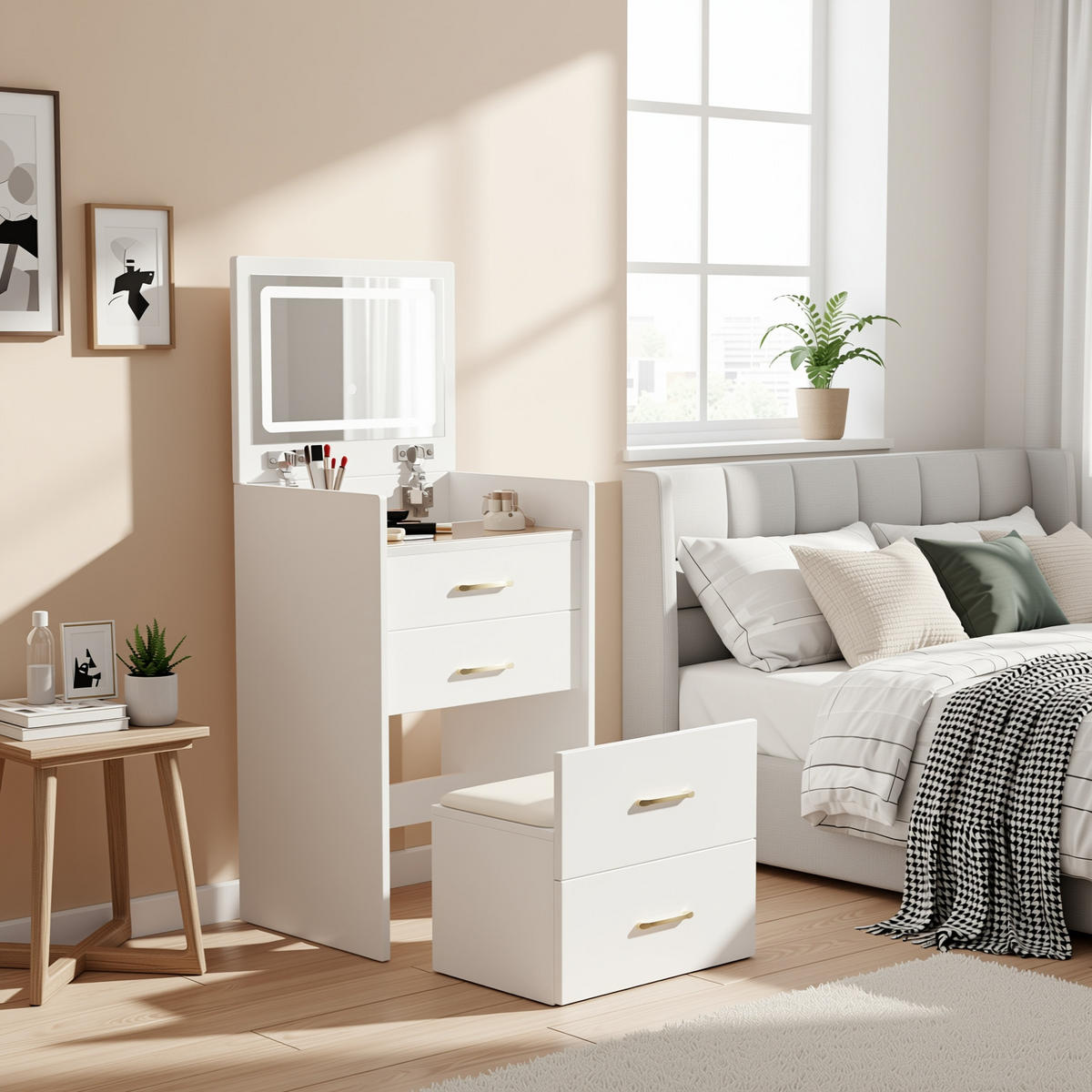 SCHMINKTISCH 3-in-1 Nachttisch (60 cm) in Weiß mit Klappspiegel, Glasplatte & Hocker - Weiß, Holzwerkstoff/Metall (60/118/40cm) - Urban Meuble