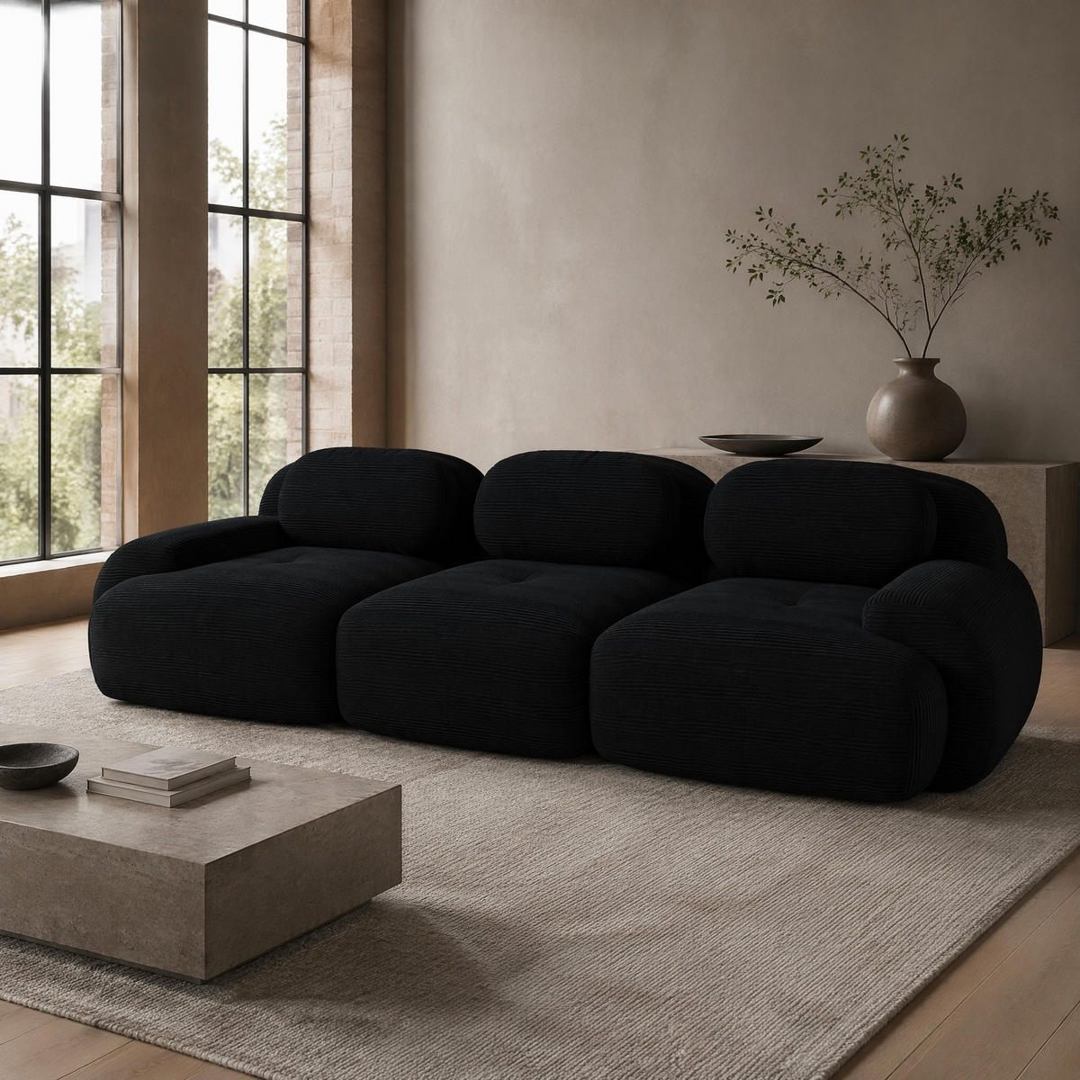 ECKSOFA aus Cordstoff Schwarz 298x103x70 cm, modular kombinierbar und ohne Montage - Schwarz, Textil (103/298cm) - IVMEU