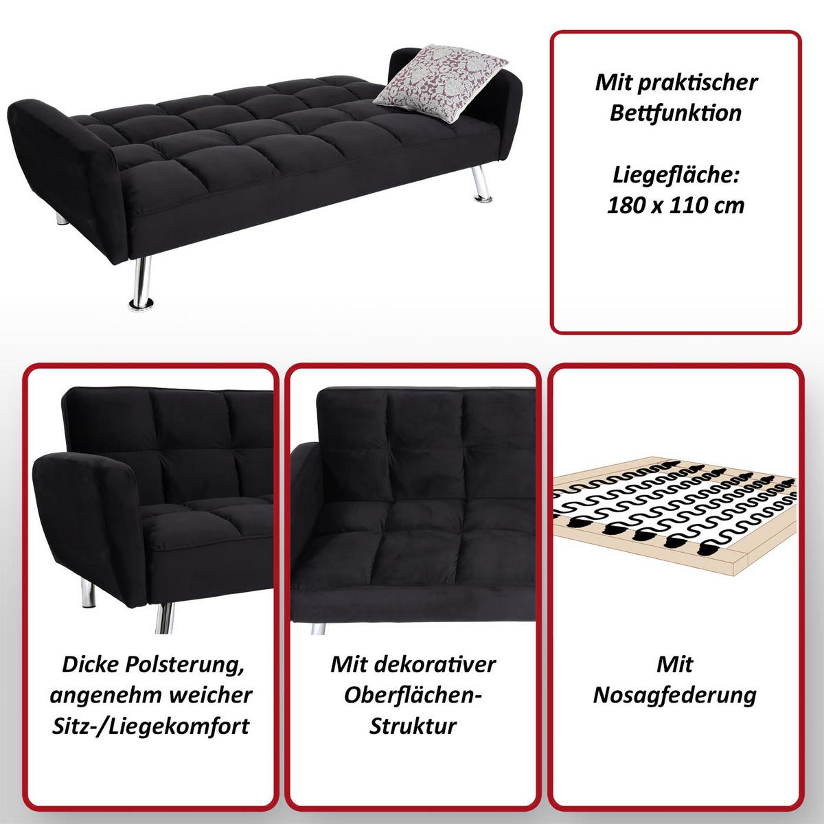 SOFA Schwarz - Schwarz, Textil (203/81/93cm) - MCW